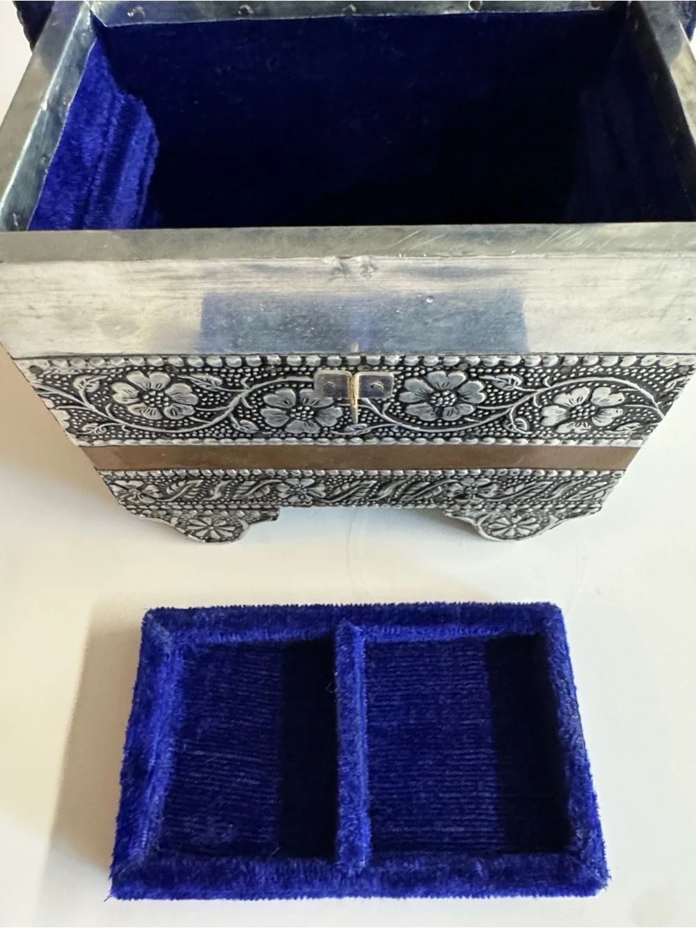Vintage Tin and Copper Floral Embossed Jewelry Box with Mirrors + Velvet lining.